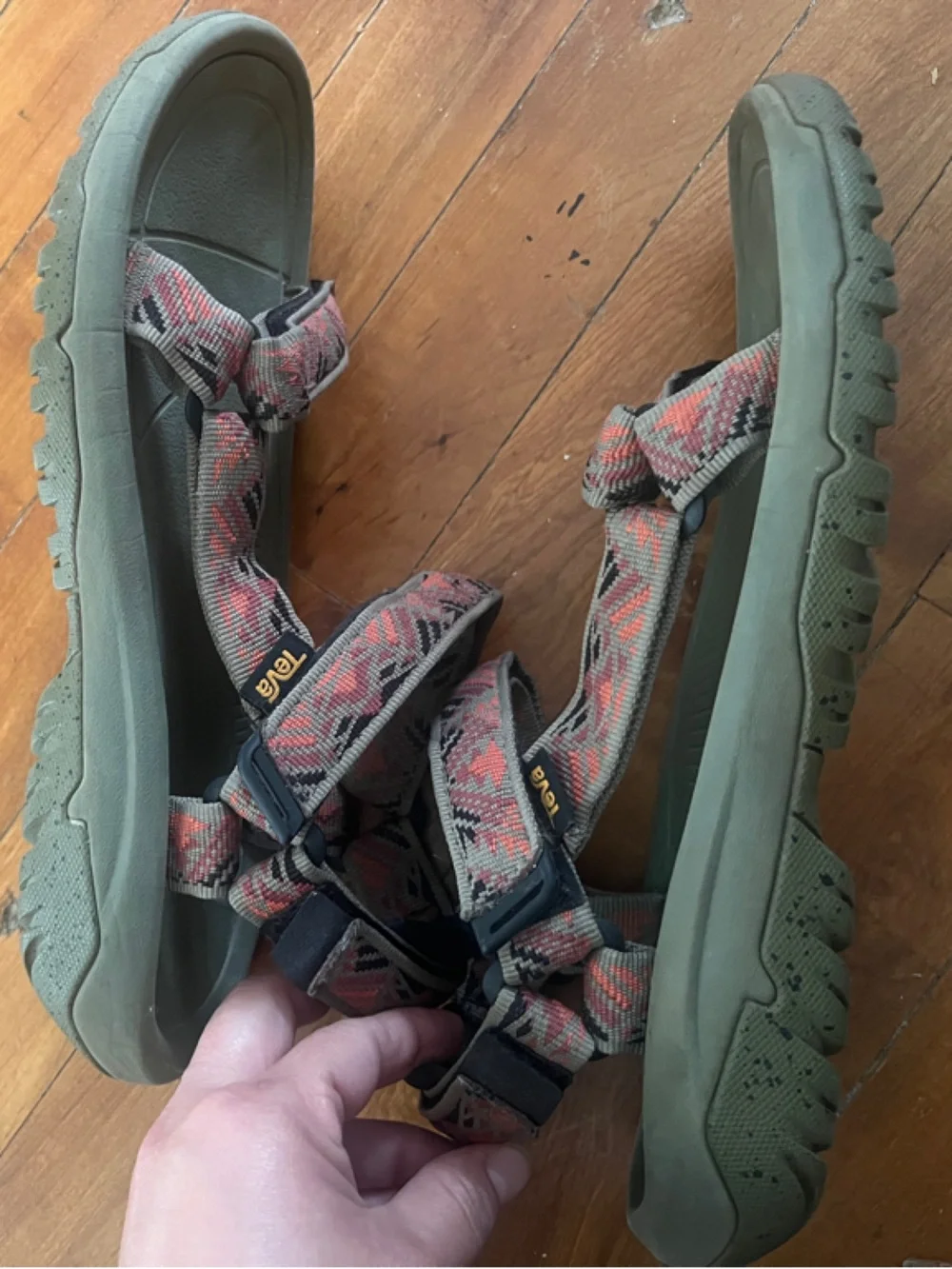 Teva Olive Green Sandals with Pink Patterned Straps